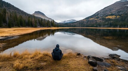 Poster - Tranquil lake view with surrounding mountains and colorful trees in autumn : Generative AI