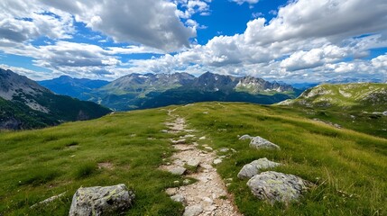 Poster - Breathtaking panoramic view of rugged mountains under a vivid blue sky with fluffy clouds : Generative AI