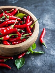Poster - Vibrant red chili peppers piled in a rustic bowl highlighted against a dark backdrop showcasing their spiciness : Generative AI