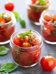 Poster - Fresh homemade tomato salad in glass jars garnished with aromatic basil and vibrant tomatoes : Generative AI