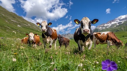 Poster - A peaceful countryside scene featuring cows grazing on lush green grass under a blue sky : Generative AI