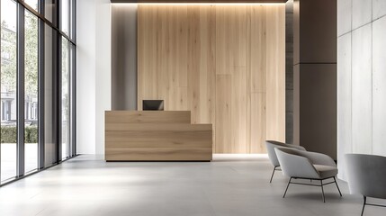 Poster - Modern reception area with wooden features and stylish seating for a contemporary office environment : Generative AI