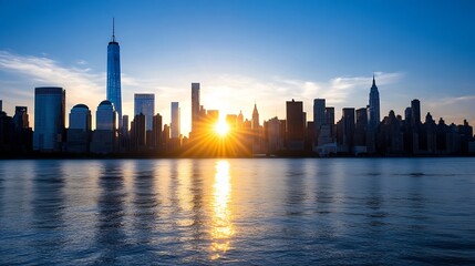 Poster - Stunning Sunset Over New York City Skyline Reflected in Water : Generative AI