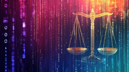 Poster - Golden scales of justice against a digital binary code backdrop.