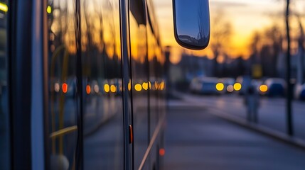 Aufkleber - City bus captured at dusk with handsome reflections of urban lights on the glass surface creating a vibrant atmosphere : Generative AI