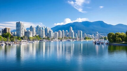 Poster - Breathtaking view of a modern city skyline with mountains and a serene marina on a clear day : Generative AI