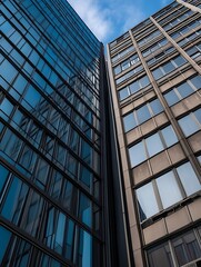 Poster - Modern architectural design of highrise buildings reflecting blue sky in urban cityscape : Generative AI