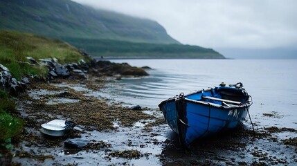 Aufkleber - Lonely blue fishing boat stranded on a rocky shore under a moody cloudy sky reflecting tranquility : Generative AI