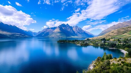 Poster - Breathtaking Mountain Landscape with Clear Blue Lake in Queenstown New Zealand : Generative AI