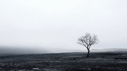 Poster - Lone Leafless Tree in A Foggy Landscape with Gloomy Gray Sky and Dry Earth : Generative AI