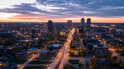 Poster - Stunning Aerial View of a Vibrant Urban Cityscape at Sunset with Sparkling City Lights : Generative AI