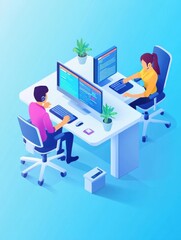 Poster - Isometric customer service landing page. Call center receptionists or telemarketers sitting at a computer working on assisting clients online.