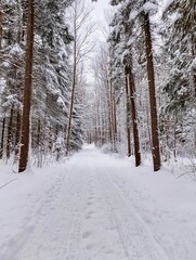Aufkleber - Serene snowcovered path through a tranquil pine forest in winter landscape : Generative AI