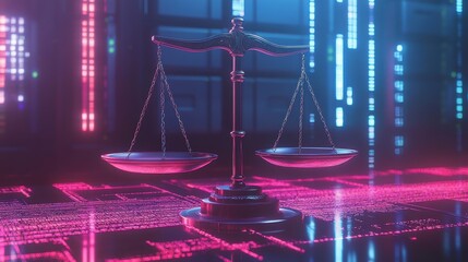 Poster - Scales of justice in a futuristic server room, representing cyber law and digital justice.