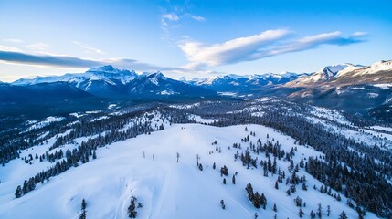Poster - Breathtaking aerial view of a winter landscape with snowcovered mountains and pine trees under a clear sky : Generative AI