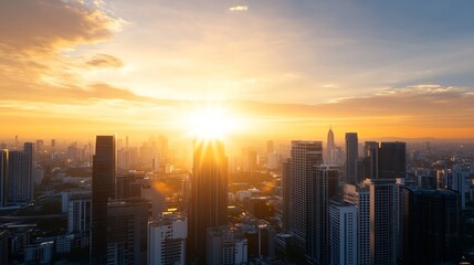 Poster - Sunset view over a bustling city skyline with towering buildings silhouette against golden light : Generative AI