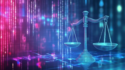 Poster - Digital scales of justice, binary code background.