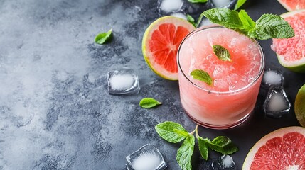 Aufkleber - Refreshing summer drink in a glass with mint leaves and pink grapefruit slices surrounded by ice cubes on a dark background : Generative AI