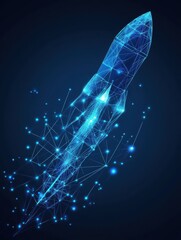 Poster - Abstract growth graph chart with launch rocket on technology blue background. Startup and success business concept. Boost metaphor in futuristic light blue style. Low poly digital vector illustration