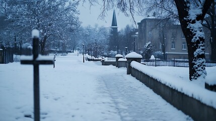 Poster - Tranquil winter landscape with snowcovered pathway and church in the background : Generative AI