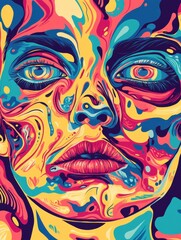  Psychedelic retro cool digital artwork. Colorful doodle human face eyeball design, 70s vintage style vivid dreamscape pop art