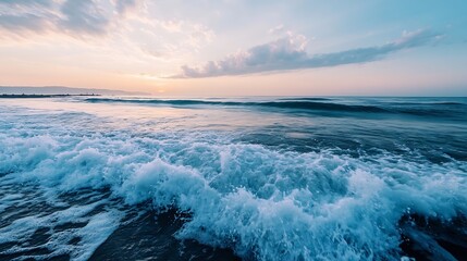 Poster - Calming ocean waves crashing on the shore during sunset with pastel colors in the sky : Generative AI