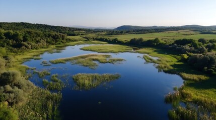 Poster - Aerial view of a peaceful lake surrounded by lush green landscape during a sunny day : Generative AI