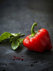 Aufkleber - Fresh organic red bell pepper with green leaves and seeds on a black textured surface : Generative AI