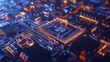 © Anastasiia - Detailed close-up view of a glowing microchip circuit board with orange and blue lights, showcasing intricate electronic components and pathways in a futuristic and high-tech setting.. AI Generation