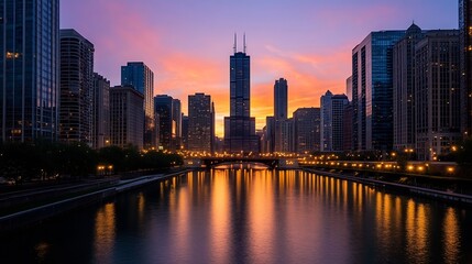 Poster - Stunning sunset reflection over a river with city skyline in the background : Generative AI
