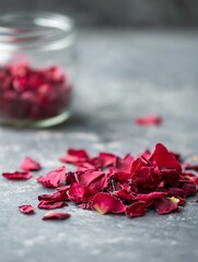 Poster - Vibrant display of dried rose petals scattered on grey surface emphasizing romantic beauty : Generative AI
