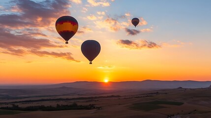 Poster - Colorful hot air balloons soaring in the sky at sunset over a picturesque landscape : Generative AI