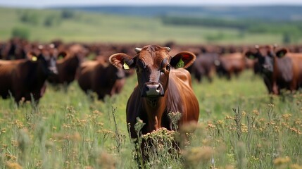 Poster - Curious brown calf standing in a field surrounded by a herd of cows grazing in a serene landscape filled with wildflowers : Generative AI
