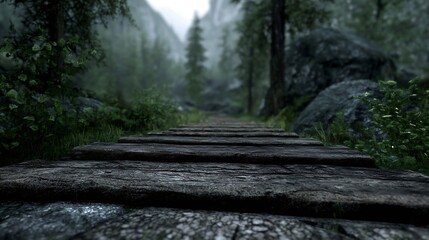 Poster - Misty forest trail leading through lush greenery with old wooden planks : Generative AI