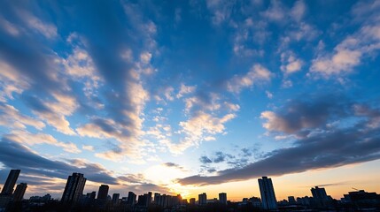 Poster - Stunning city skyline during sunset with colorful clouds creating a picturesque urban evening atmosphere for relaxation : Generative AI