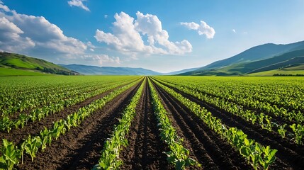 Aufkleber - Vast Agricultural Field with Green Rows of Crops Under a Bright Blue Sky and Fluffy Clouds : Generative AI