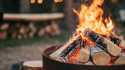 Aufkleber - Warm glowing campfire with vibrant flames and stacked logs in outdoor setting : Generative AI