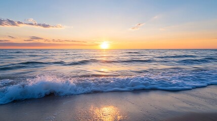 Aufkleber - Stunning seascape at sunset with gentle waves lapping the shore reflecting warm colors of the twilight sky : Generative AI