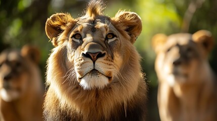 Poster - Powerful closeup of a majestic lion face showcasing its strength and grandeur in a natural setting : Generative AI
