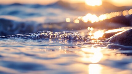 Poster - Beautiful shimmering water surface captured at sunset showcasing sparkling reflections and gentle waves : Generative AI