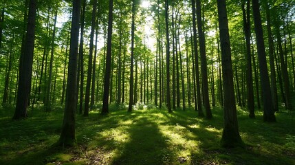 Aufkleber - Sunlight Filtering Through Tall Trees in Lush Green Forest Creating Beautiful Shadows : Generative AI