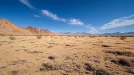 Poster - Vast desert landscape featuring barren terrain and expansive blue sky with wispy clouds and mountains in the distance : Generative AI