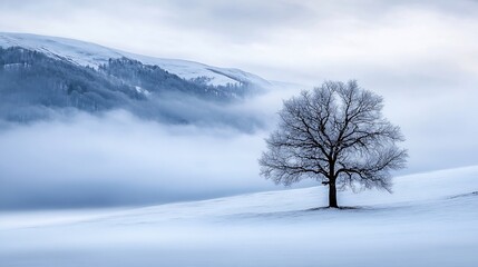 Poster - A barren tree standing alone amidst a foggy landscape showcasing tranquility in a winter wonderland : Generative AI