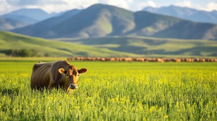 Poster - Brown cow grazing in a lush green field with majestic mountains in the background under a bright sky : Generative AI