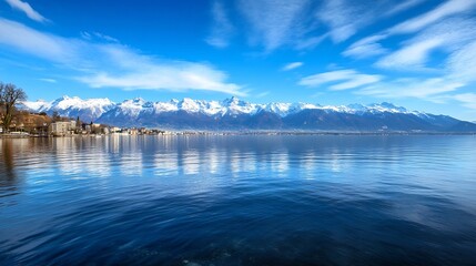 Poster - Breathtaking panoramic view of a serene lake surrounded by majestic snow capped mountains : Generative AI
