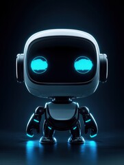 Poster - AI robot assistant with a sleek design, surrounded by glowing digital elements, ample copy space for text, professional advertising, balanced composition,