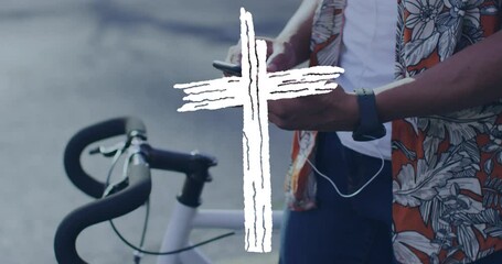Poster - Using smartphone next to bicycle, person with cross symbol overlay animation