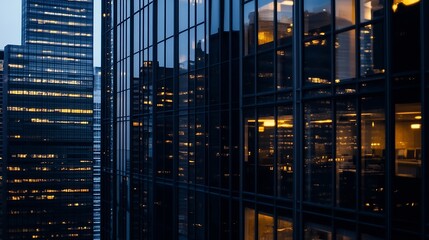 Poster - Stunning city skyline reflection in glass skyscraper windows during twilight hours : Generative AI