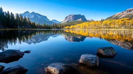 Poster - Serene lake reflecting autumn colors and majestic mountains under bright blue sky : Generative AI