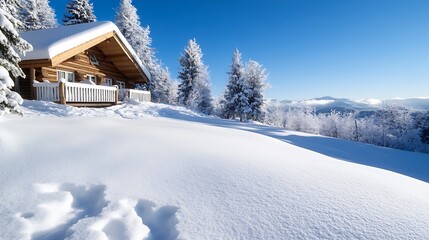 Poster - Beautiful winter landscape with a cozy cabin surrounded by fresh snow and frosty trees against a clear blue sky : Generative AI